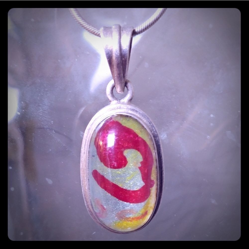 Red & Yellow Glass Pendant Set in Sterling Silver